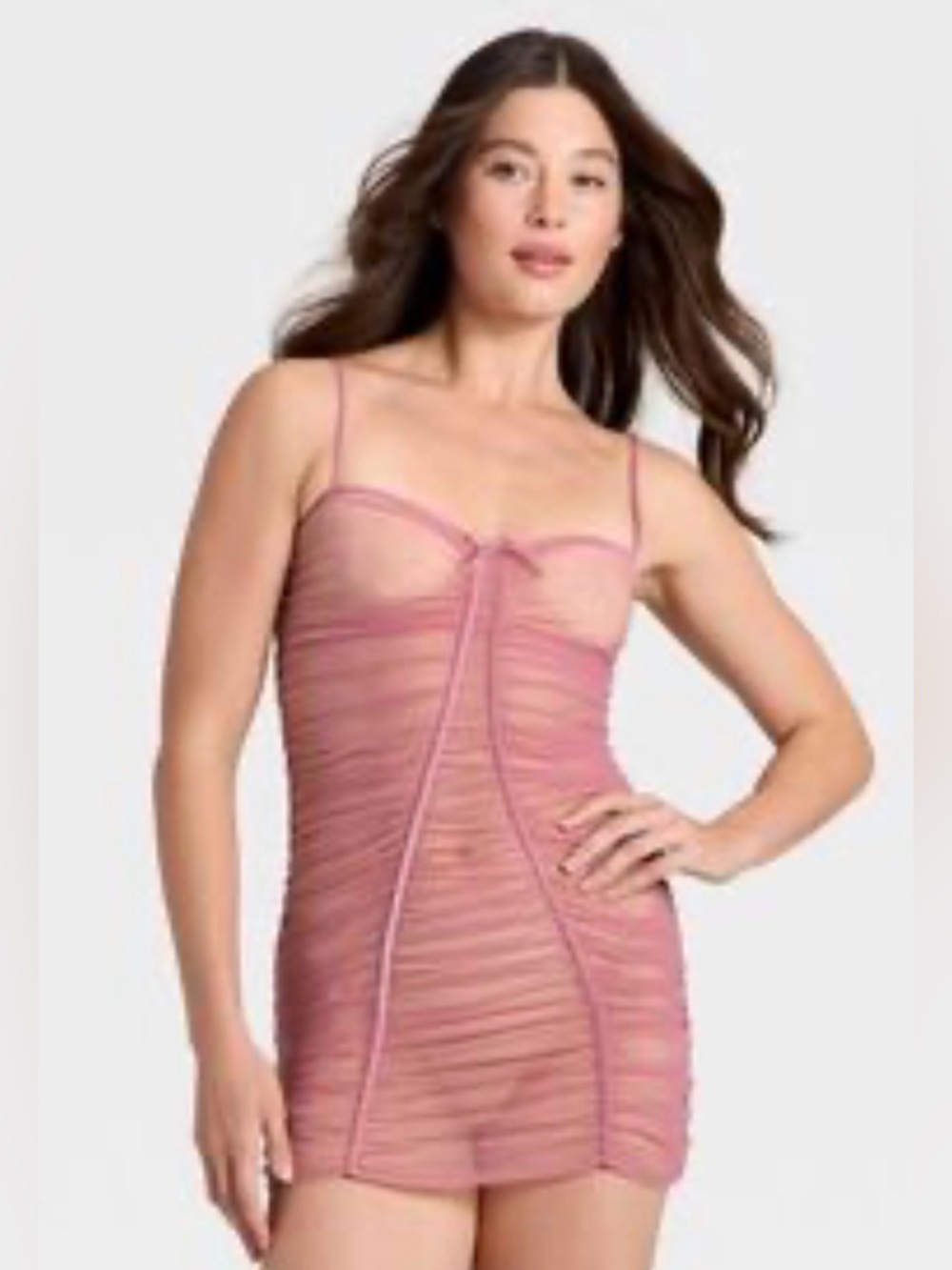 Small Auden Mesh Lingerie Sheer Ruched Slip Dress - Dusty Pink